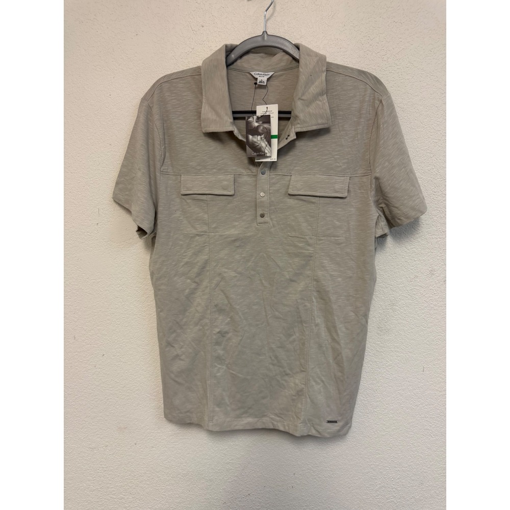 Calvin Klein Men's Large Slim Fit Beige Snap Henley Polo Shirt NWT